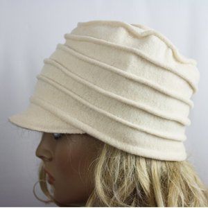 Ivory Wool Brim Beanie Circular Pattern Stitched